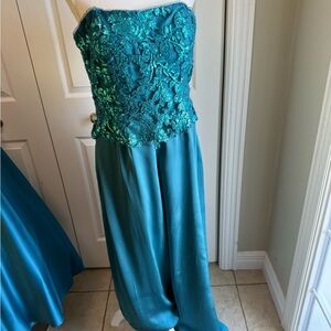 Jade Couture Teal Satin Jumpsuit